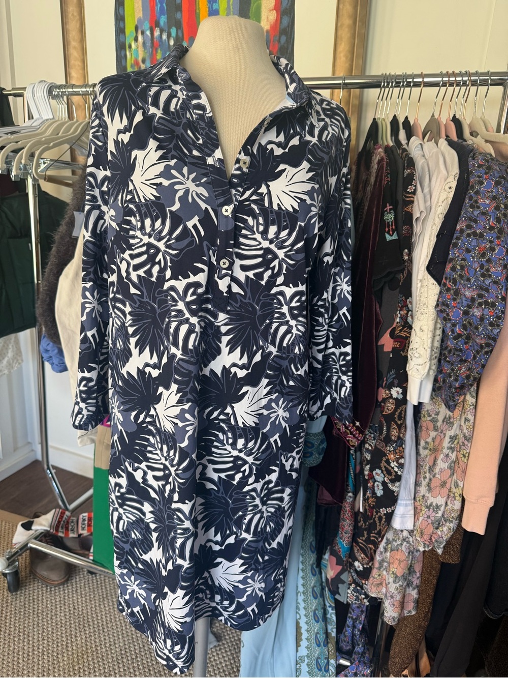 Southern Tide Navy and White Floral Midi Shirt Dress